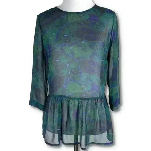 Vince Womens top size M multicolored 100% silk Paisley sheer peplum - Picture 1 of 10